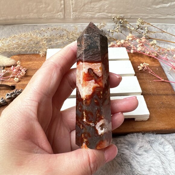 Beautiful Small Red Moss Agate Tower Obelisk - Picture 6 of 7